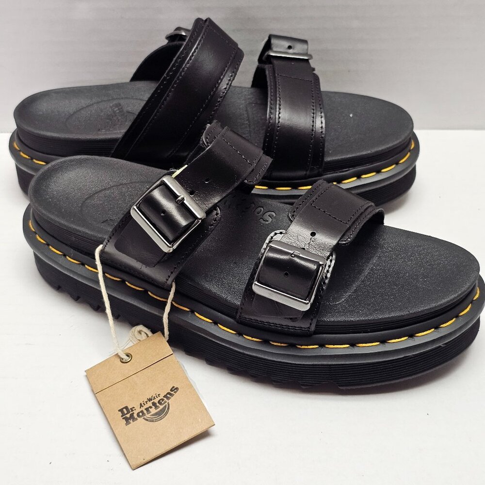 New Black Dr. Martens Myles Platform Sandals Slides Soft Wair Leather Adjust 8